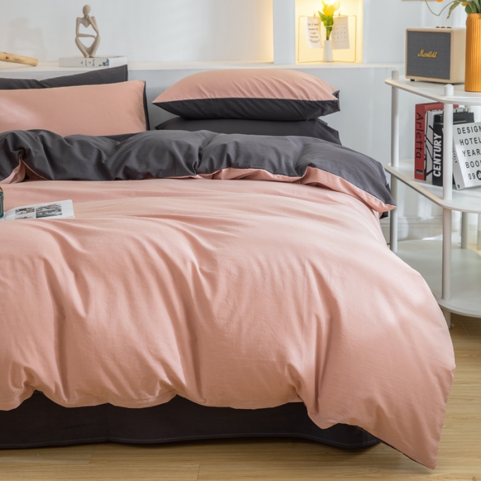 91家纺网 家纺一手货源 找家纺 柠萌家居 2024新款全棉双拼水洗棉四件套 双拼-豆沙深灰