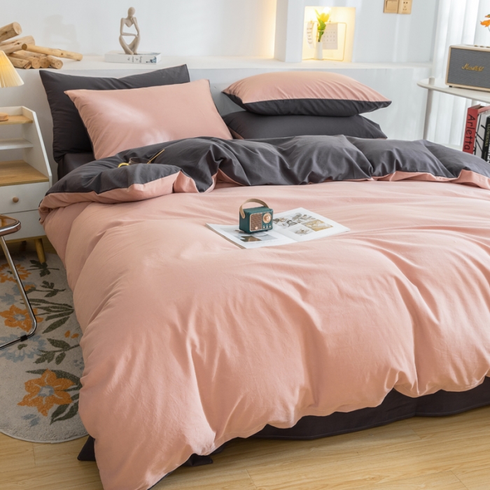 91家纺网 家纺一手货源 找家纺 柠萌家居 2024新款全棉双拼水洗棉四件套 双拼-豆沙深灰