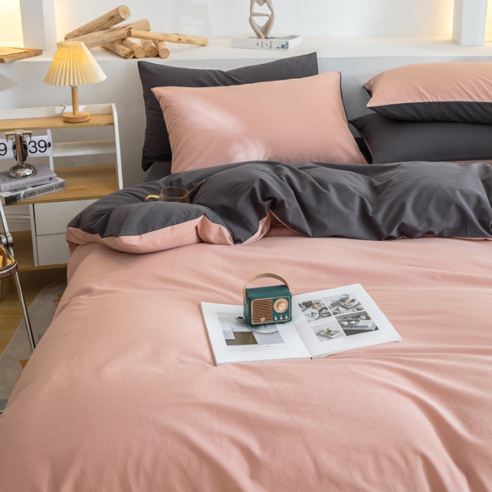 91家纺网 家纺一手货源 找家纺 柠萌家居 2024新款全棉双拼水洗棉四件套 双拼-豆沙深灰