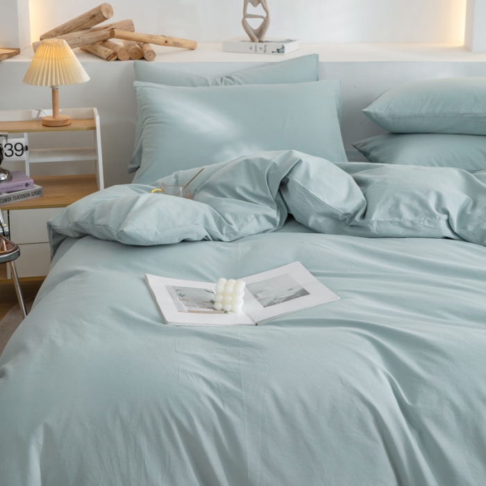 91家纺网 家纺一手货源 找家纺 柠萌家居 2024新款全棉双拼水洗棉四件套 双拼-繁星蓝