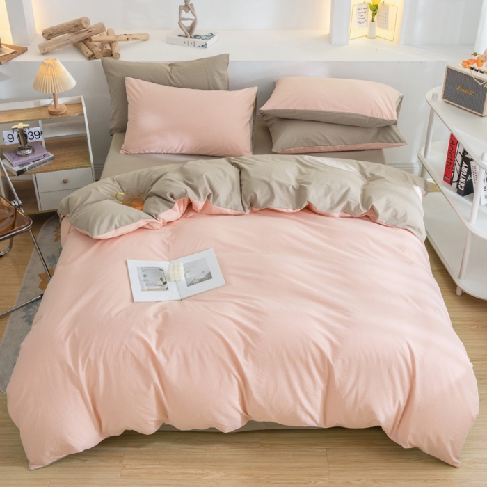 91家纺网 家纺一手货源 找家纺 柠萌家居 2024新款全棉双拼水洗棉四件套 双拼-粉卡其