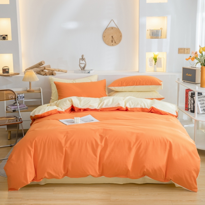 91家纺网 家纺一手货源 找家纺 柠萌家居 2024新款全棉双拼水洗棉四件套 双拼-桔浅米