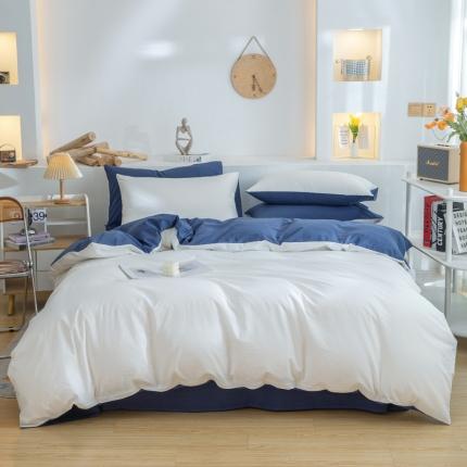 柠萌家居 2024新款全棉双拼水洗棉四件套 双拼-奶白深蓝