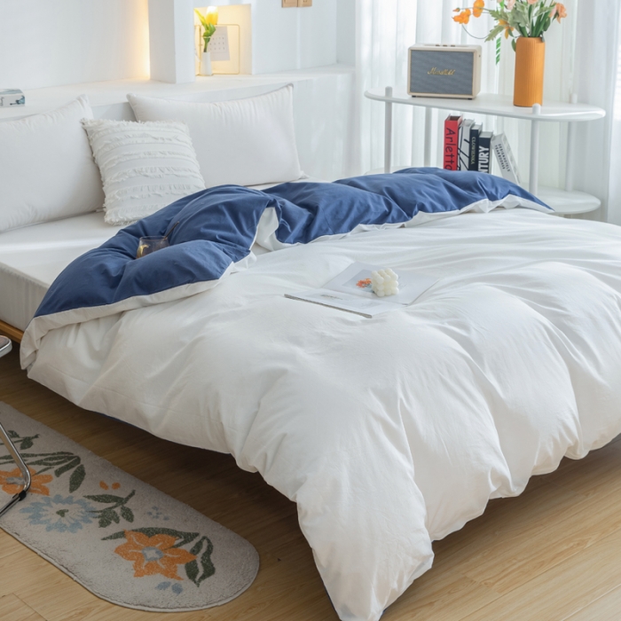 91家纺网 家纺一手货源 找家纺 柠萌家居 2024新款全棉双拼水洗棉四件套 双拼-奶白深蓝