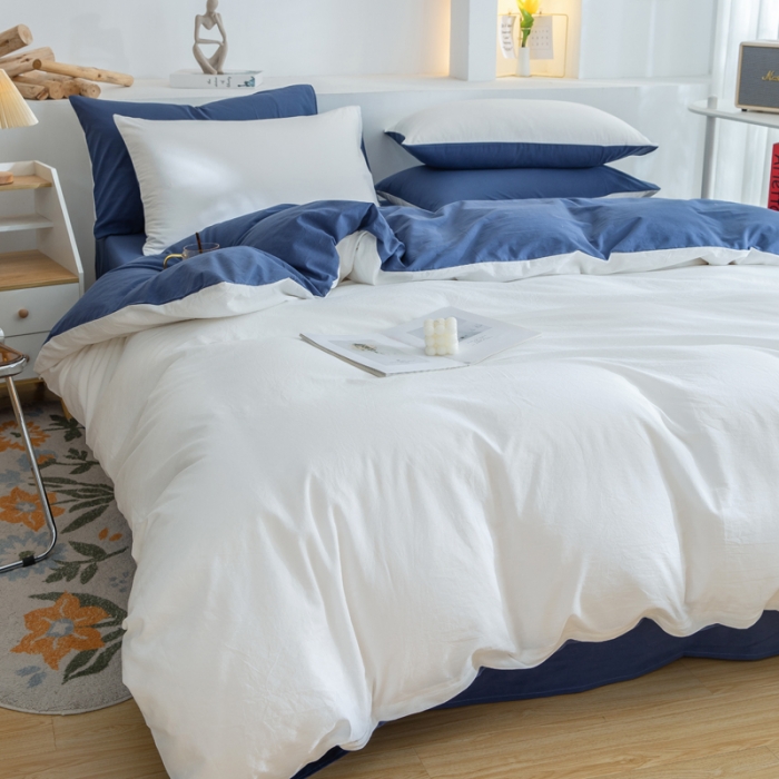 91家纺网 家纺一手货源 找家纺 柠萌家居 2024新款全棉双拼水洗棉四件套 双拼-奶白深蓝