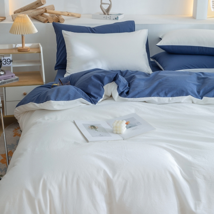 91家纺网 家纺一手货源 找家纺 柠萌家居 2024新款全棉双拼水洗棉四件套 双拼-奶白深蓝