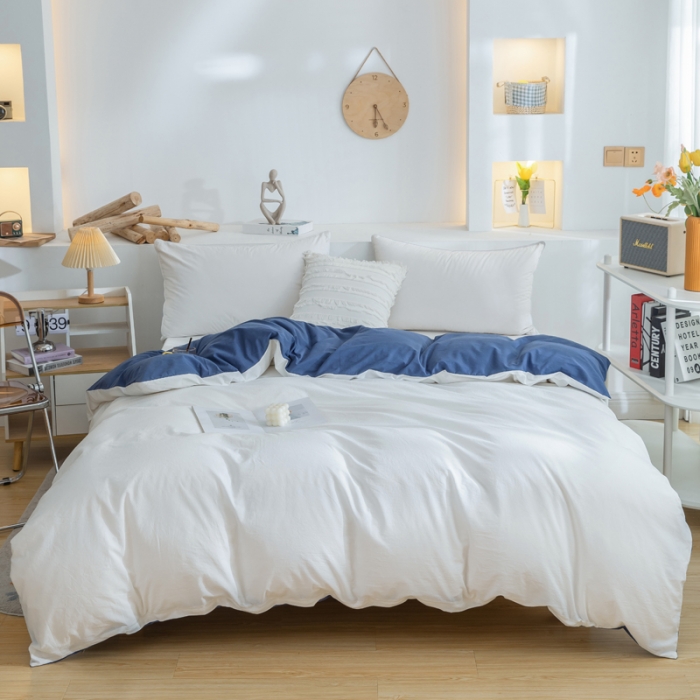 91家纺网 家纺一手货源 找家纺 柠萌家居 2024新款全棉双拼水洗棉四件套 双拼-奶白深蓝