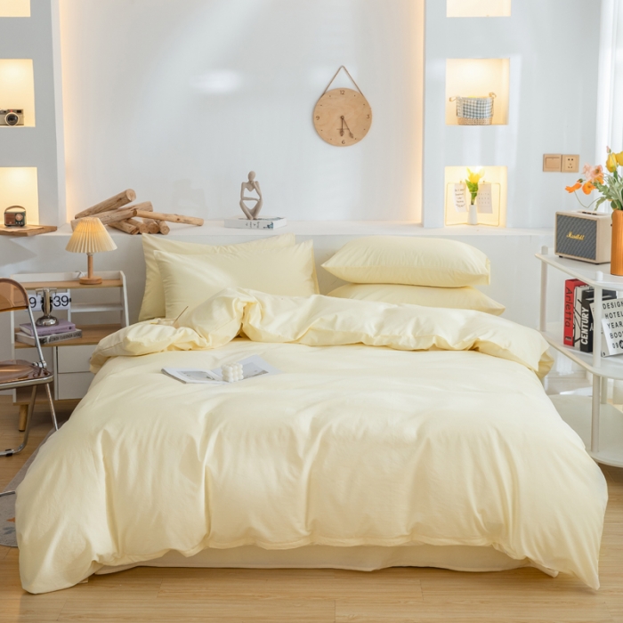 91家纺网 家纺一手货源 找家纺 柠萌家居 2024新款全棉双拼水洗棉四件套 双拼-奶黄