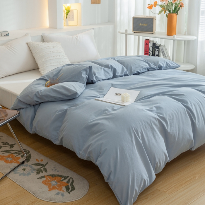 91家纺网 家纺一手货源 找家纺 柠萌家居 2024新款全棉双拼水洗棉四件套 双拼-浅蓝