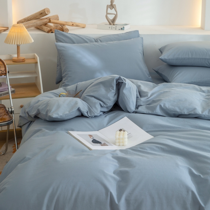 91家纺网 家纺一手货源 找家纺 柠萌家居 2024新款全棉双拼水洗棉四件套 双拼-浅蓝