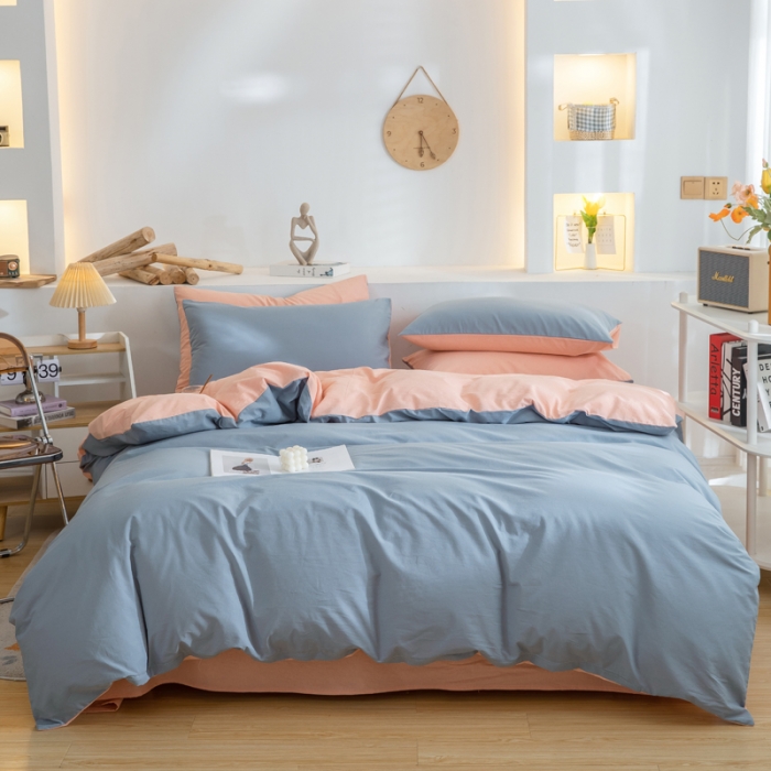91家纺网 家纺一手货源 找家纺 柠萌家居 2024新款全棉双拼水洗棉四件套 双拼-浅蓝粉