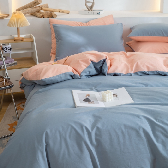 91家纺网 家纺一手货源 找家纺 柠萌家居 2024新款全棉双拼水洗棉四件套 双拼-浅蓝粉