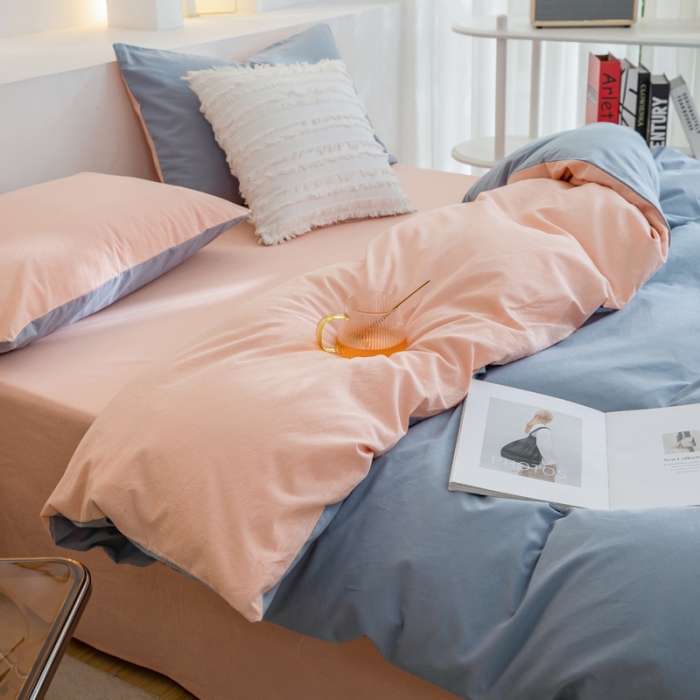 91家纺网 家纺一手货源 找家纺 柠萌家居 2024新款全棉双拼水洗棉四件套 双拼-浅蓝粉