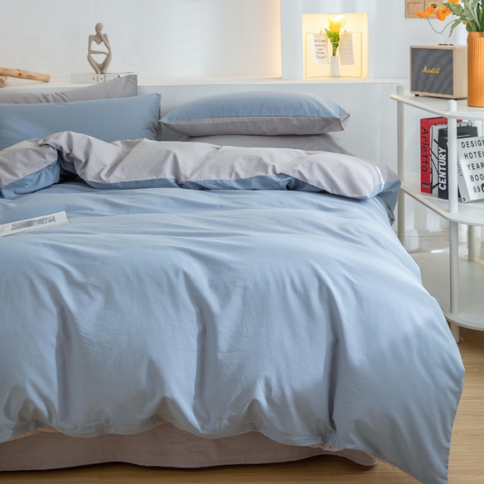 91家纺网 家纺一手货源 找家纺 柠萌家居 2024新款全棉双拼水洗棉四件套 双拼-浅蓝灰