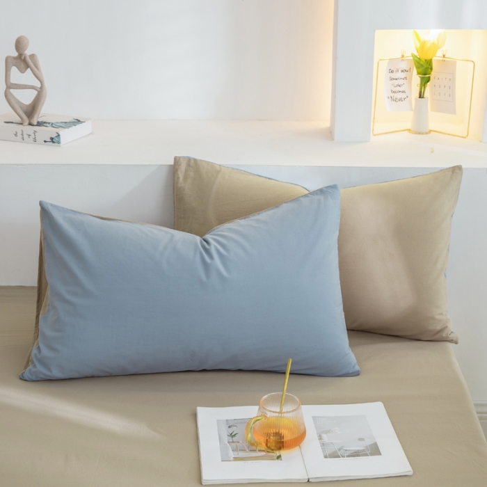 91家纺网 家纺一手货源 找家纺 柠萌家居 2024新款全棉双拼水洗棉四件套 双拼-浅蓝卡其