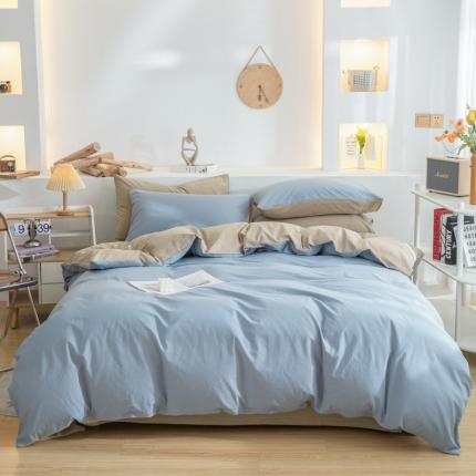 柠萌家居 2024新款全棉双拼水洗棉四件套 双拼-浅蓝卡其