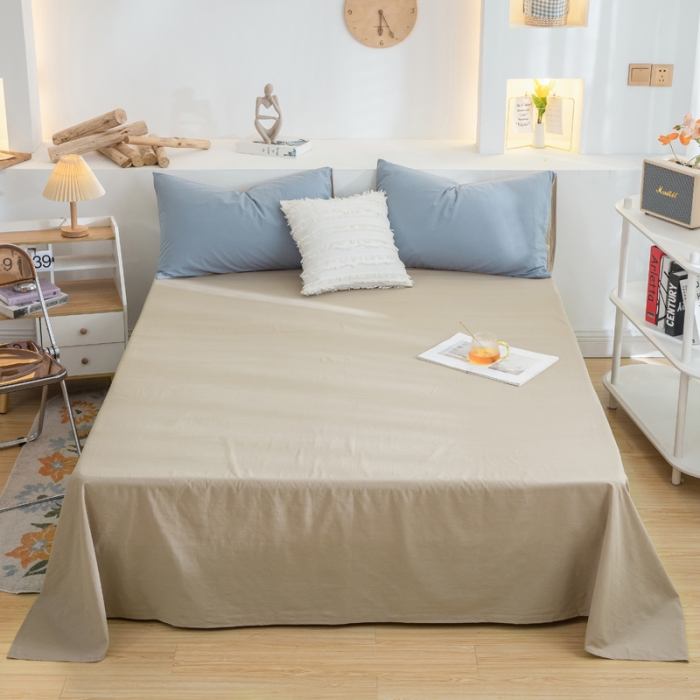 91家纺网 家纺一手货源 找家纺 柠萌家居 2024新款全棉双拼水洗棉四件套 双拼-浅蓝卡其