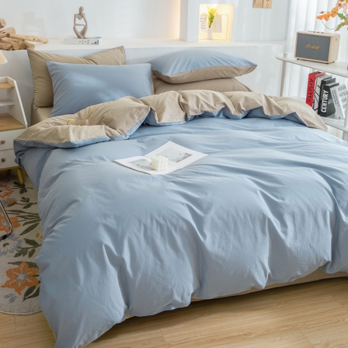 91家纺网 家纺一手货源 找家纺 柠萌家居 2024新款全棉双拼水洗棉四件套 双拼-浅蓝卡其