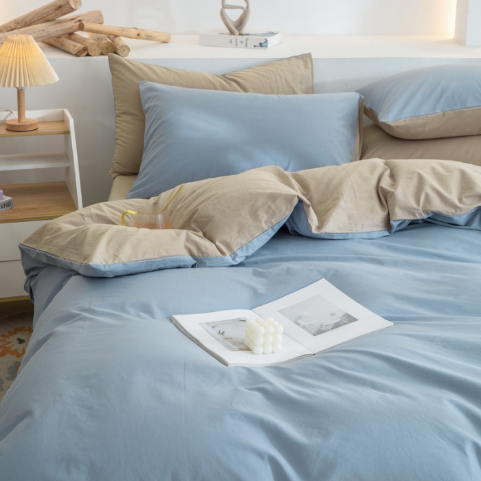 91家纺网 家纺一手货源 找家纺 柠萌家居 2024新款全棉双拼水洗棉四件套 双拼-浅蓝卡其