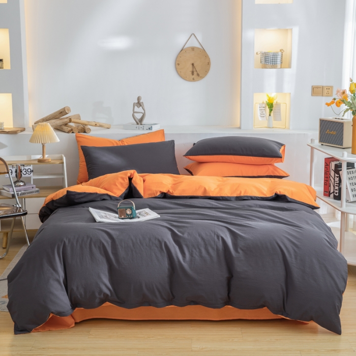 91家纺网 家纺一手货源 找家纺 柠萌家居 2024新款全棉双拼水洗棉四件套 双拼-深灰桔