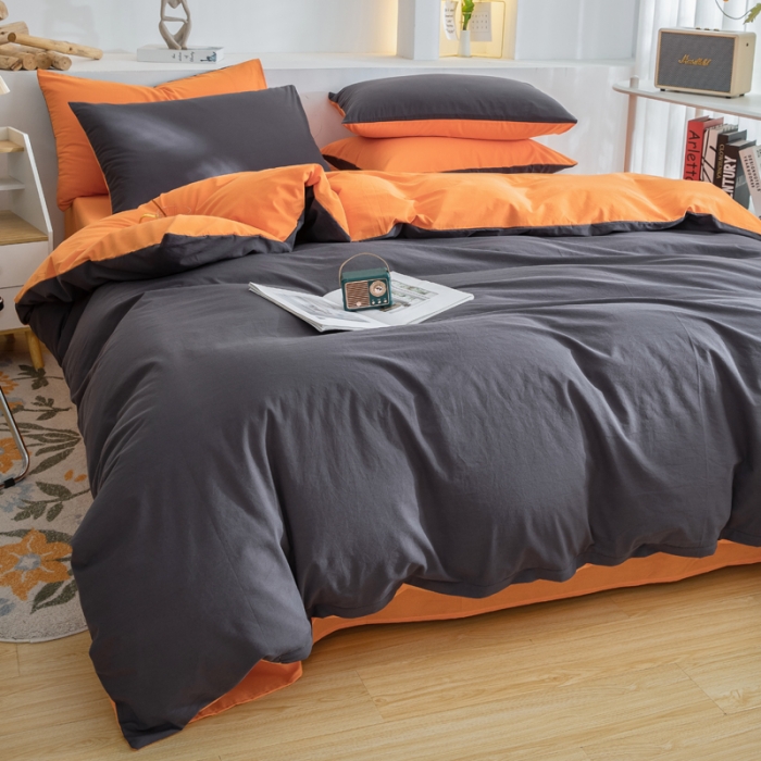 91家纺网 家纺一手货源 找家纺 柠萌家居 2024新款全棉双拼水洗棉四件套 双拼-深灰桔