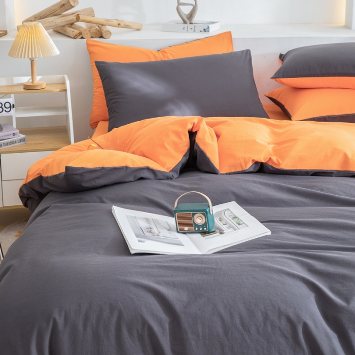 91家纺网 家纺一手货源 找家纺 柠萌家居 2024新款全棉双拼水洗棉四件套 双拼-深灰桔