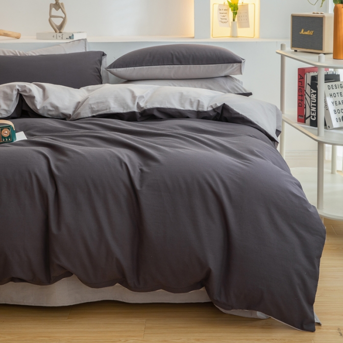 91家纺网 家纺一手货源 找家纺 柠萌家居 2024新款全棉双拼水洗棉四件套 双拼-深灰浅灰