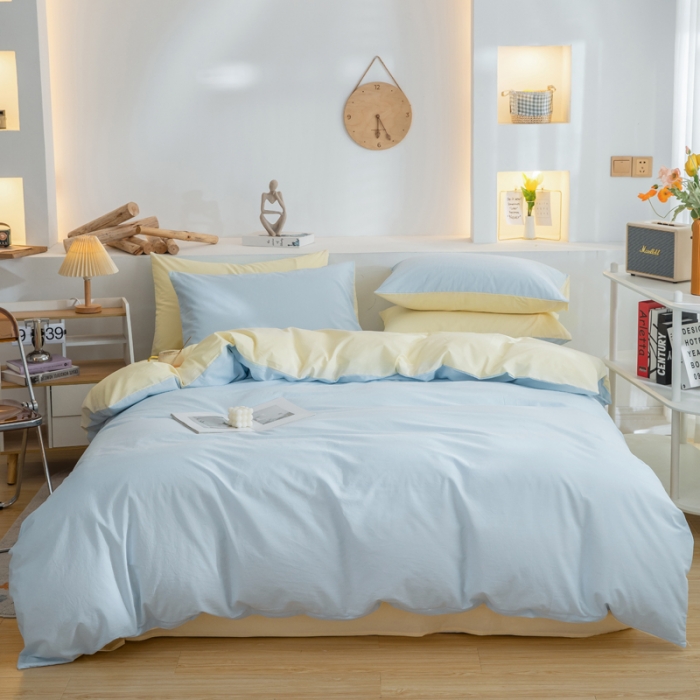 91家纺网 家纺一手货源 找家纺 柠萌家居 2024新款全棉双拼水洗棉四件套 双拼-天蓝奶黄