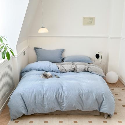 91家纺网 家纺一手货源 找家纺 嘉汀兰 2023新款全棉色织水洗棉纯色撞色款四件套 澄澈之水