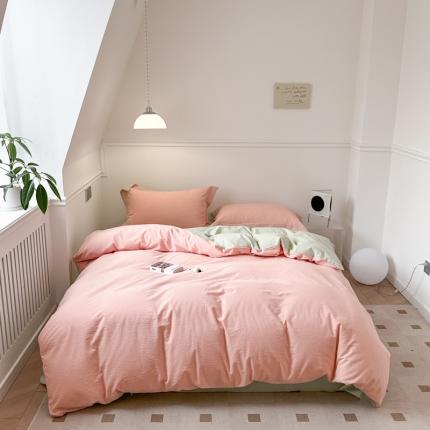 91家纺网 家纺一手货源 找家纺 嘉汀兰 2023新款全棉色织水洗棉纯色撞色款四件套 蜜桃舒芙蕾