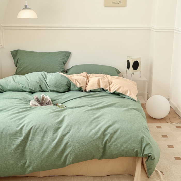 91家纺网 家纺一手货源 找家纺 嘉汀兰 2023新款全棉色织水洗棉纯色撞色款四件套 蓝莓冰沙