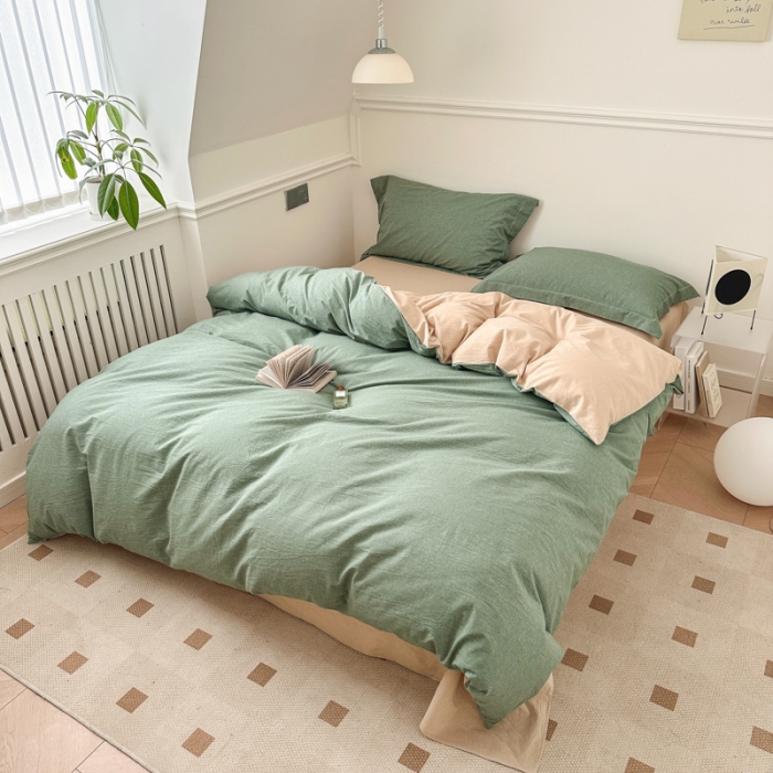 91家纺网 家纺一手货源 找家纺 嘉汀兰 2023新款全棉色织水洗棉纯色撞色款四件套 蓝莓冰沙