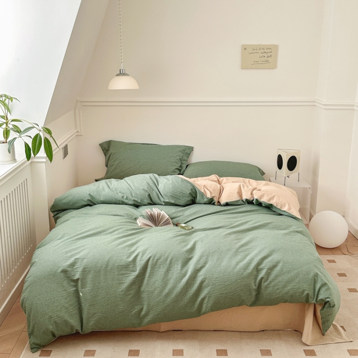 91家纺网 家纺一手货源 找家纺 嘉汀兰 2023新款全棉色织水洗棉纯色撞色款四件套 蓝莓冰沙