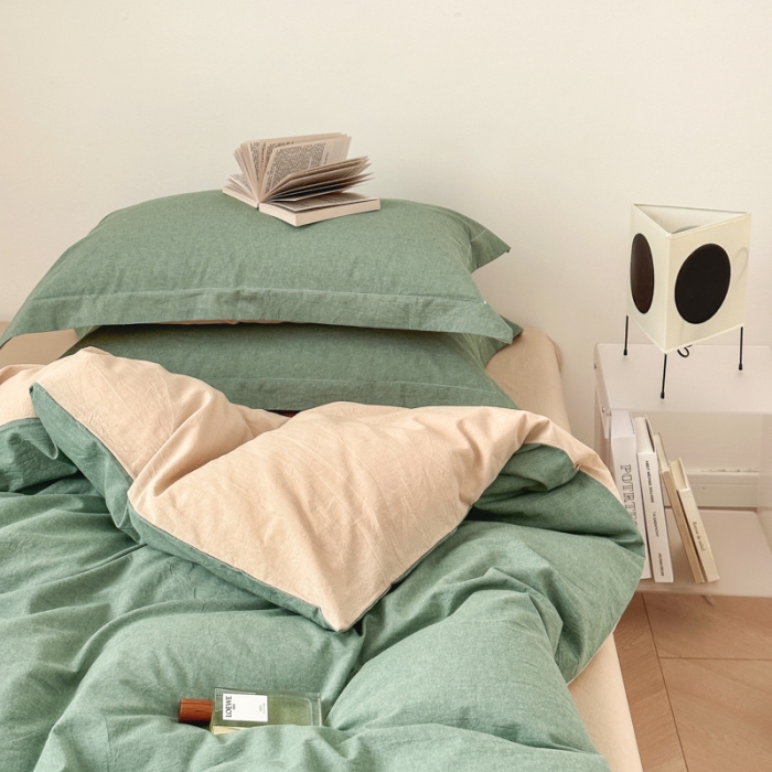 91家纺网 家纺一手货源 找家纺 嘉汀兰 2023新款全棉色织水洗棉纯色撞色款四件套 蓝莓冰沙