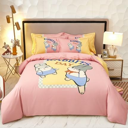 雲归梦2023新款13372全棉活性大版印花简约居家四件套 波比兔粉