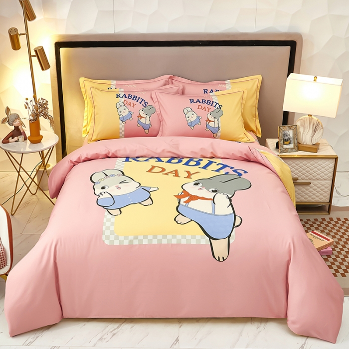 91家纺网 家纺一手货源 找家纺 雲归梦2023新款13372全棉活性大版印花简约居家四件套 波比兔粉