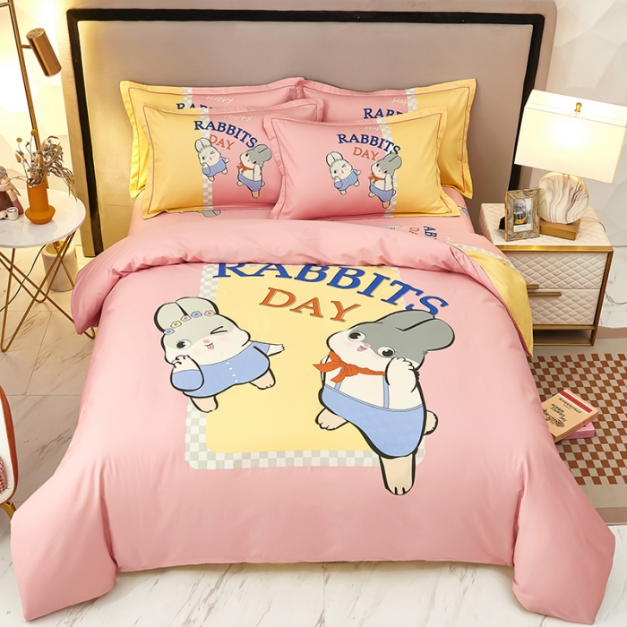 91家纺网 家纺一手货源 找家纺 雲归梦2023新款13372全棉活性大版印花简约居家四件套 波比兔粉