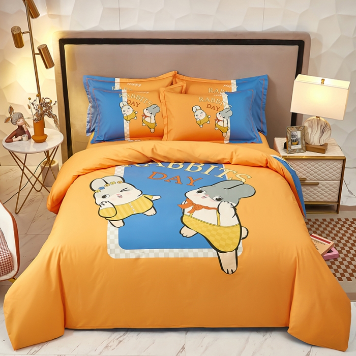 91家纺网 家纺一手货源 找家纺 雲归梦2023新款13372全棉活性大版印花简约居家四件套 波比兔桔