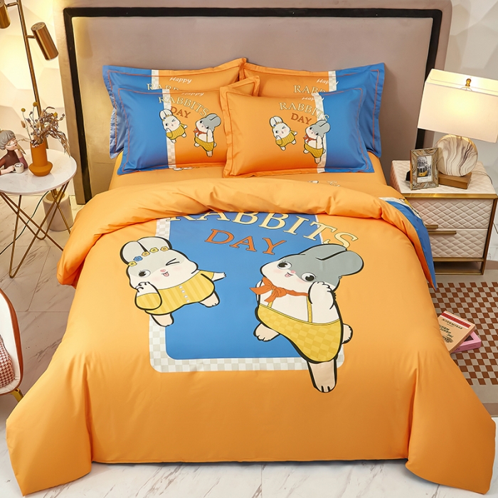 91家纺网 家纺一手货源 找家纺 雲归梦2023新款13372全棉活性大版印花简约居家四件套 波比兔桔