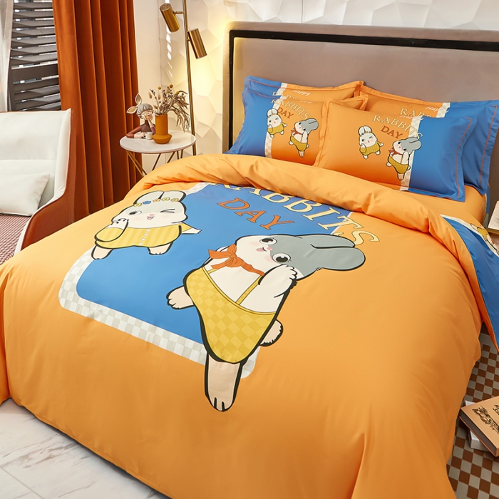 91家纺网 家纺一手货源 找家纺 雲归梦2023新款13372全棉活性大版印花简约居家四件套 波比兔桔