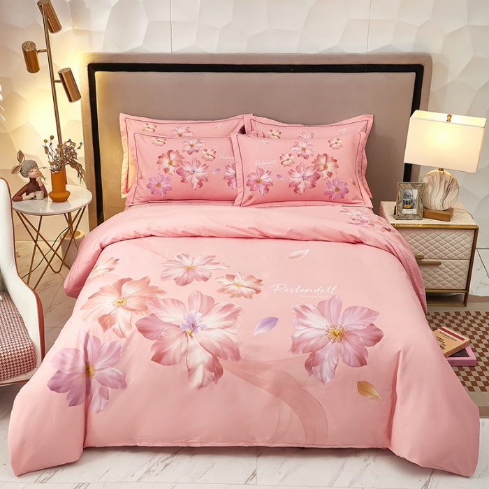 91家纺网 家纺一手货源 找家纺 雲归梦2023新款13372全棉活性大版印花简约居家四件套 粉黛粉