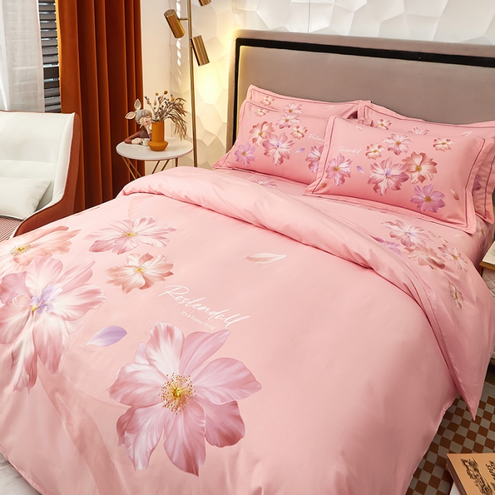 91家纺网 家纺一手货源 找家纺 雲归梦2023新款13372全棉活性大版印花简约居家四件套 粉黛粉