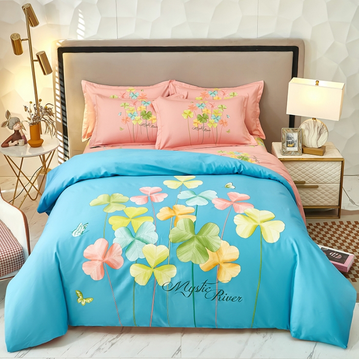 91家纺网 家纺一手货源 找家纺 雲归梦2023新款13372全棉活性大版印花简约居家四件套 风动玲心蓝