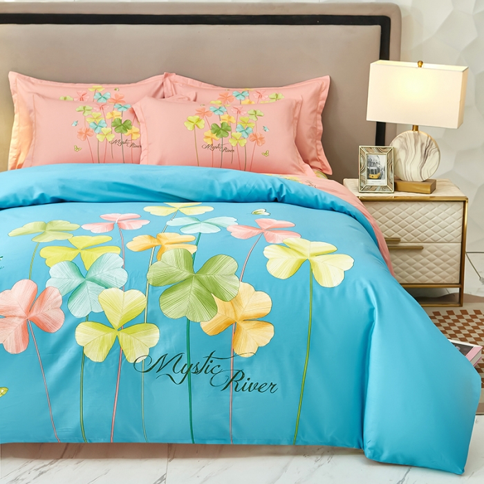 91家纺网 家纺一手货源 找家纺 雲归梦2023新款13372全棉活性大版印花简约居家四件套 风动玲心蓝