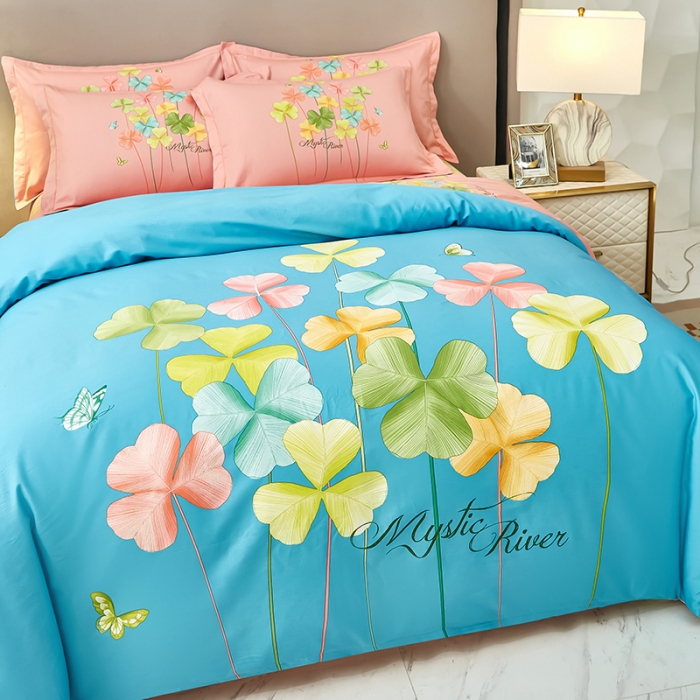 91家纺网 家纺一手货源 找家纺 雲归梦2023新款13372全棉活性大版印花简约居家四件套 风动玲心蓝