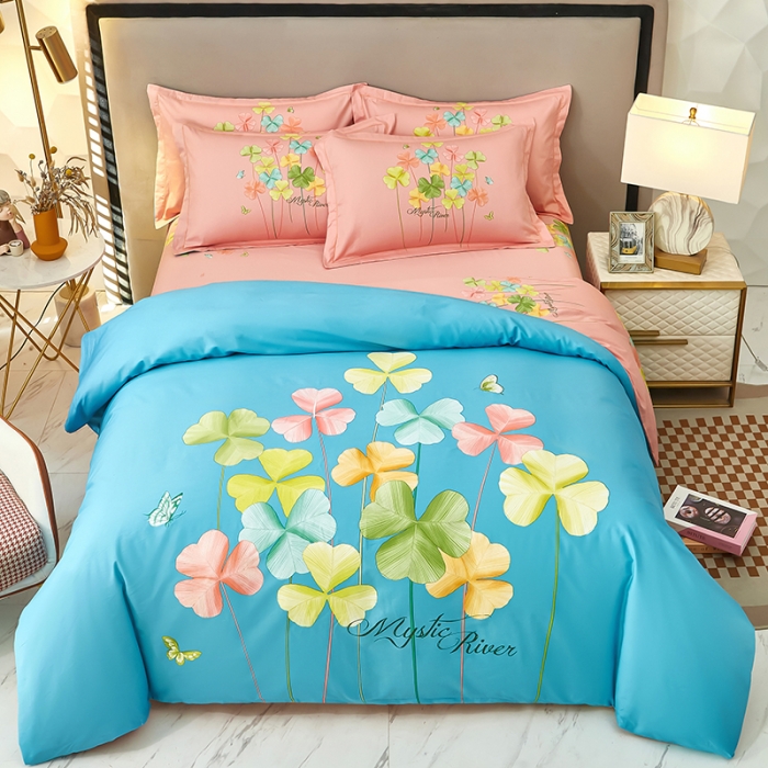 91家纺网 家纺一手货源 找家纺 雲归梦2023新款13372全棉活性大版印花简约居家四件套 风动玲心蓝