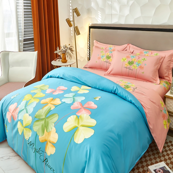 91家纺网 家纺一手货源 找家纺 雲归梦2023新款13372全棉活性大版印花简约居家四件套 风动玲心蓝