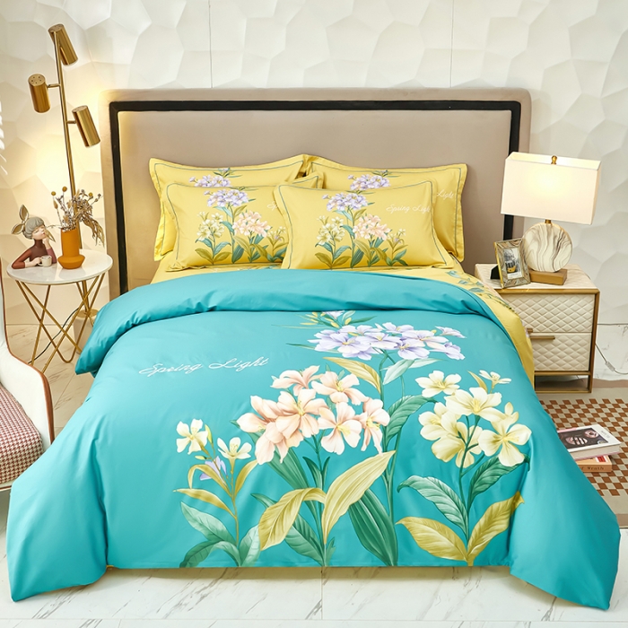 91家纺网 家纺一手货源 找家纺 雲归梦2023新款13372全棉活性大版印花简约居家四件套 花音蓝