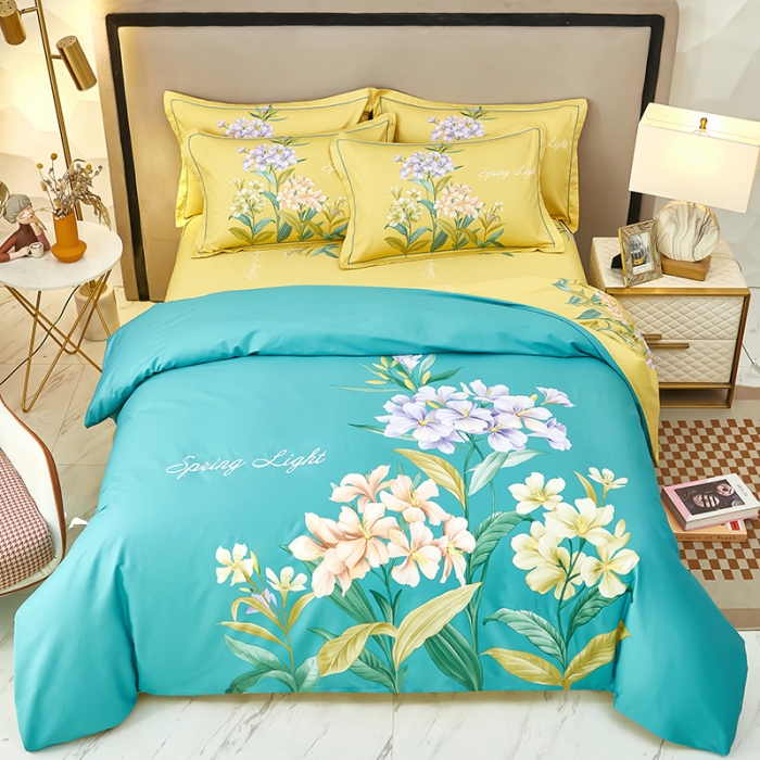 91家纺网 家纺一手货源 找家纺 雲归梦2023新款13372全棉活性大版印花简约居家四件套 花音蓝