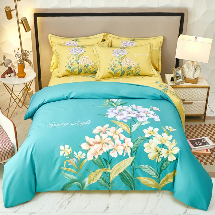 91家纺网 家纺一手货源 找家纺 雲归梦2023新款13372全棉活性大版印花简约居家四件套 花音蓝